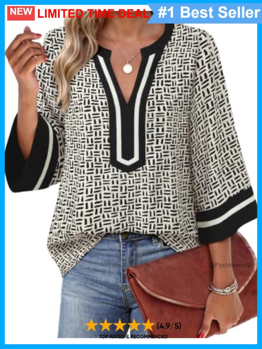 Womens Floral V-Neck Blouse 3/4 Bell Sleeve Loose Fit Tunic Top